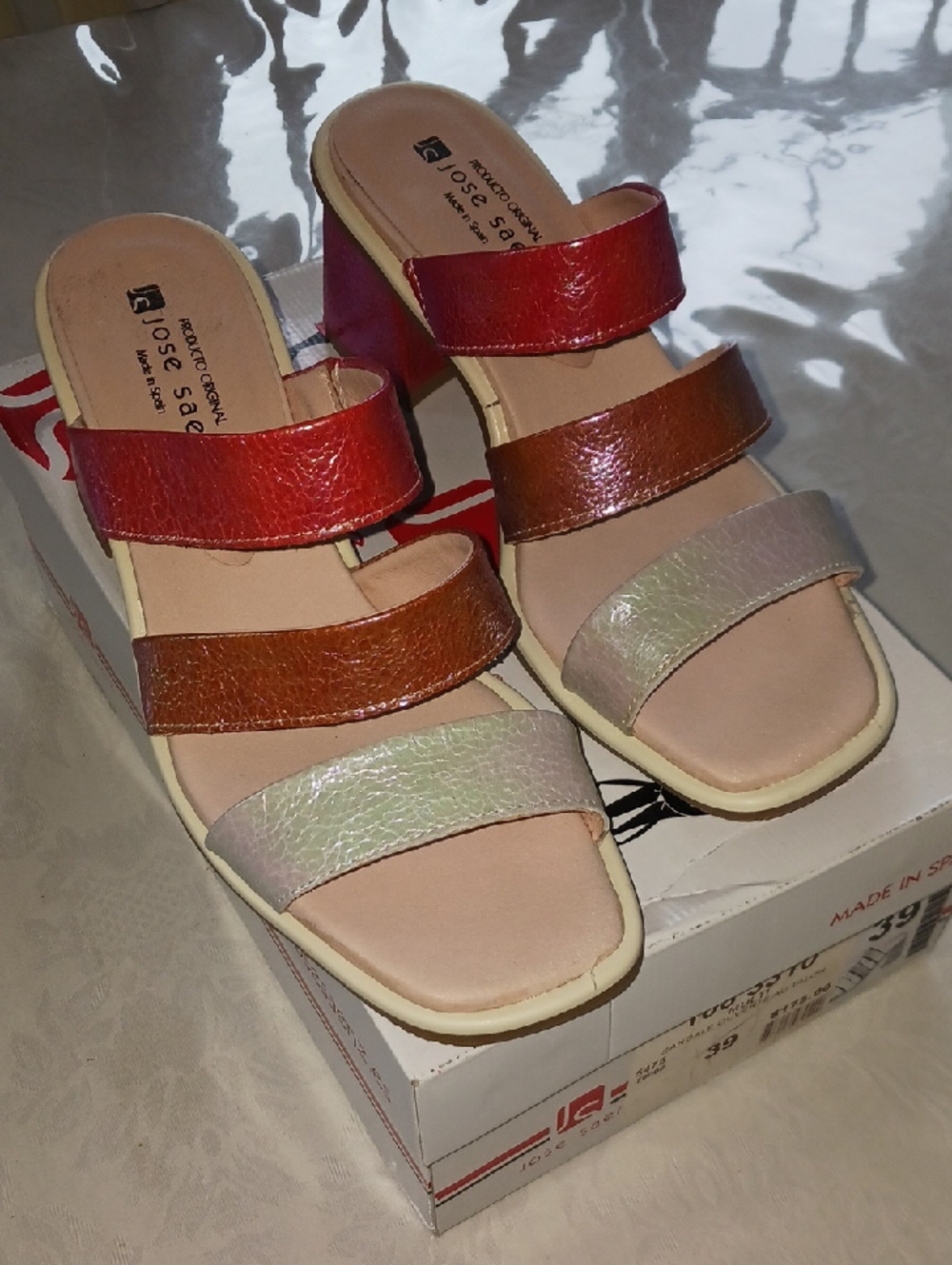 Triple-Strap Slide Mules in Red, Brown & Cream Iridescent